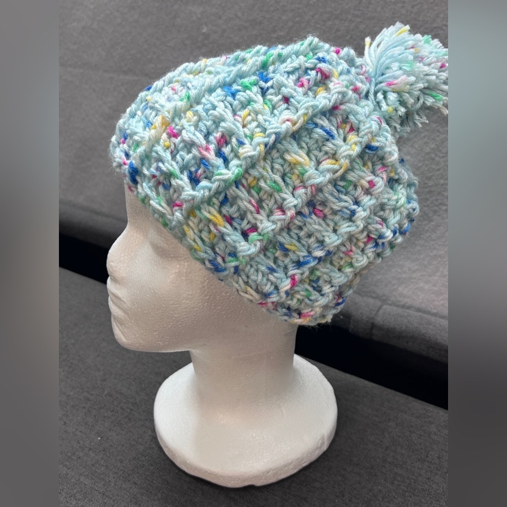 Handmade Light Blue Speckled Knit Pom Pom Beanie Waffle VSCO Girl